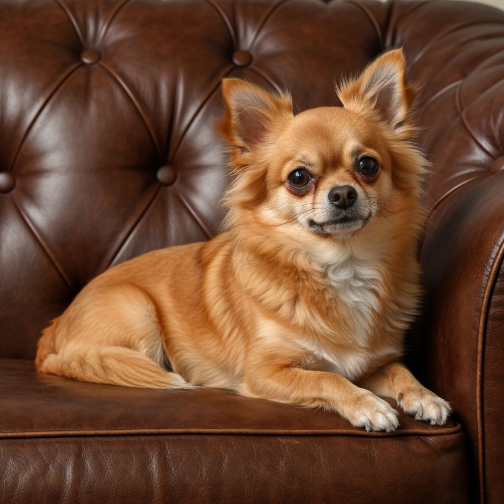 Chihuahua Pomeranian Mix Lounging on Leather Couch