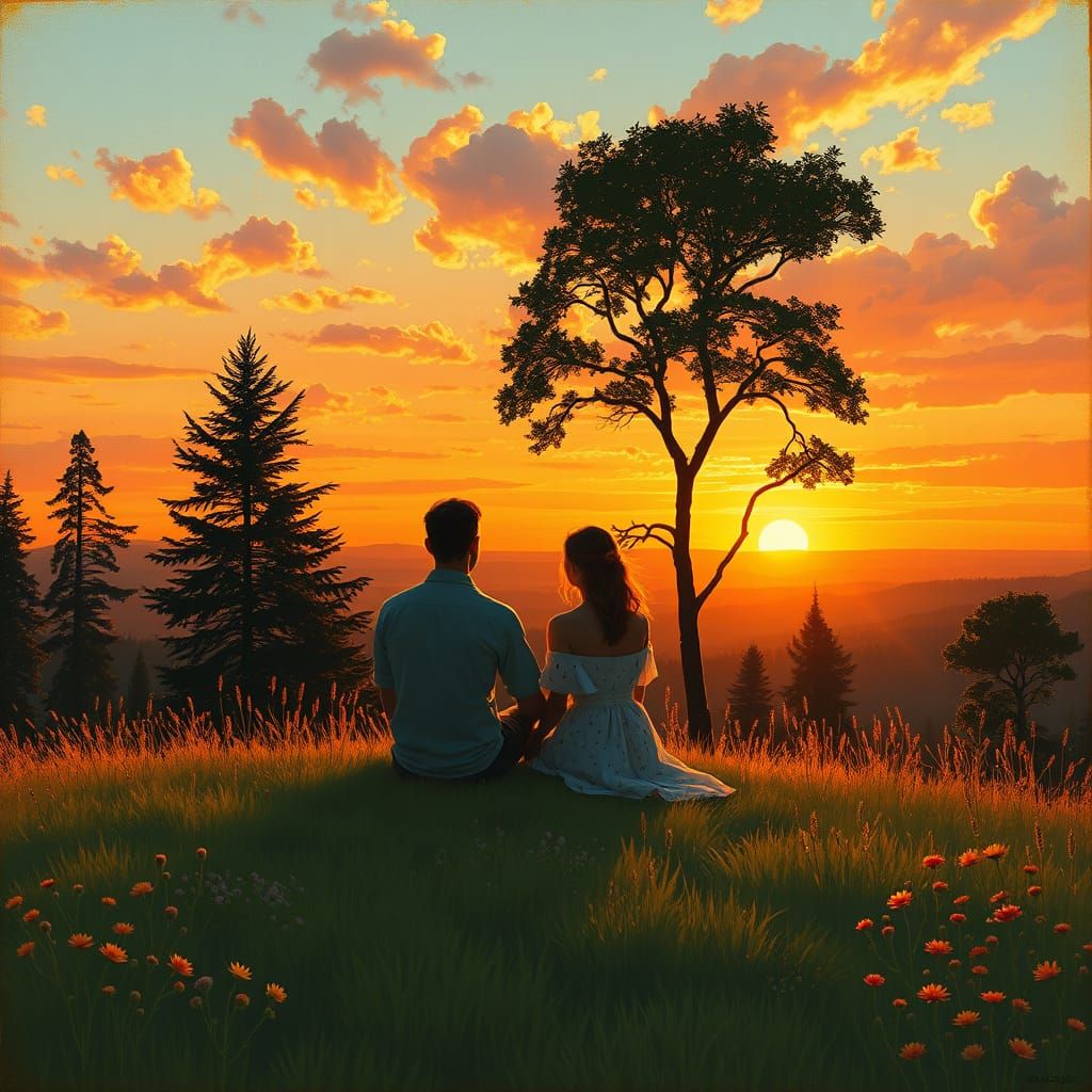 Couple Watching Sunset in Impressionist Landscape