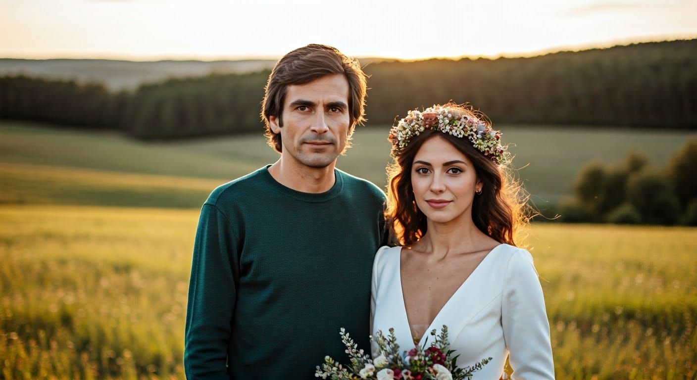 Elegant Spanish Couple Embracing in a Sun-Kissed Field