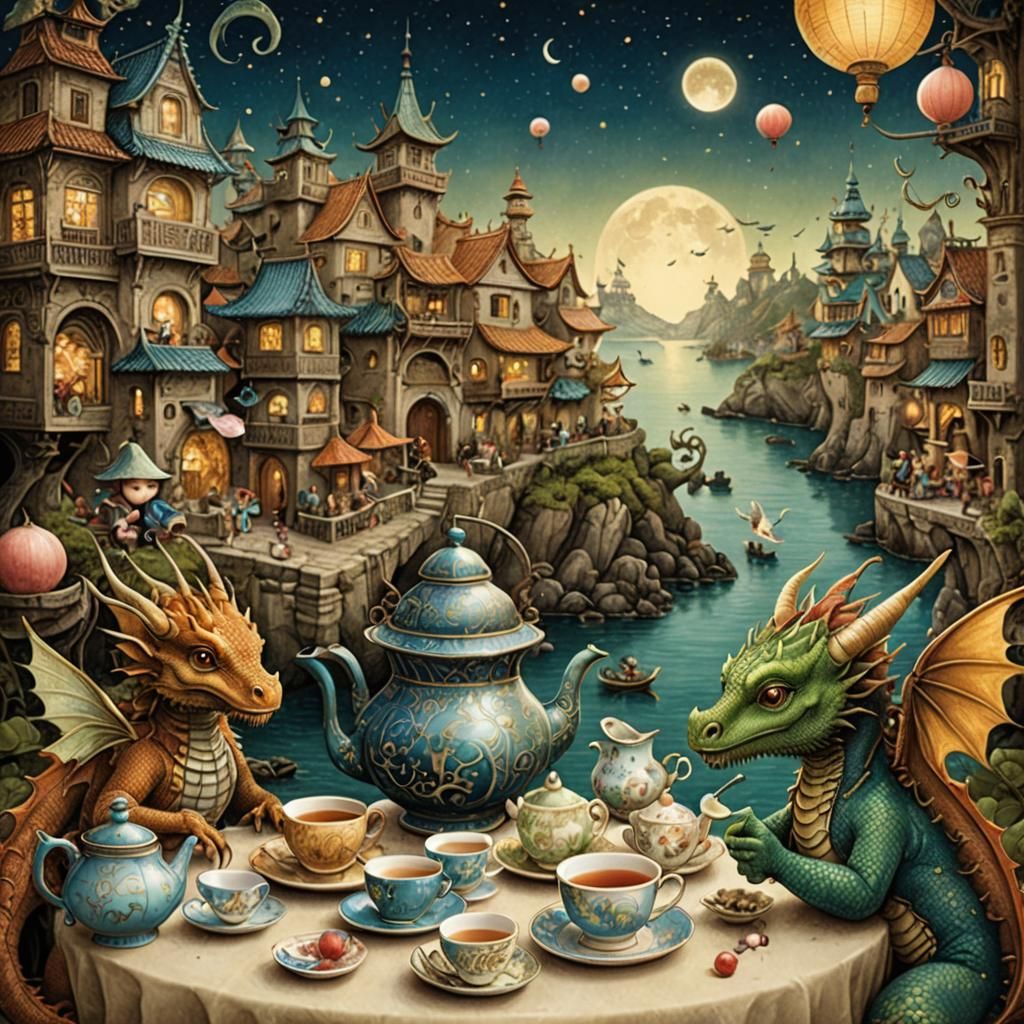 Whimsical Fairy Seaside Town with Dragons