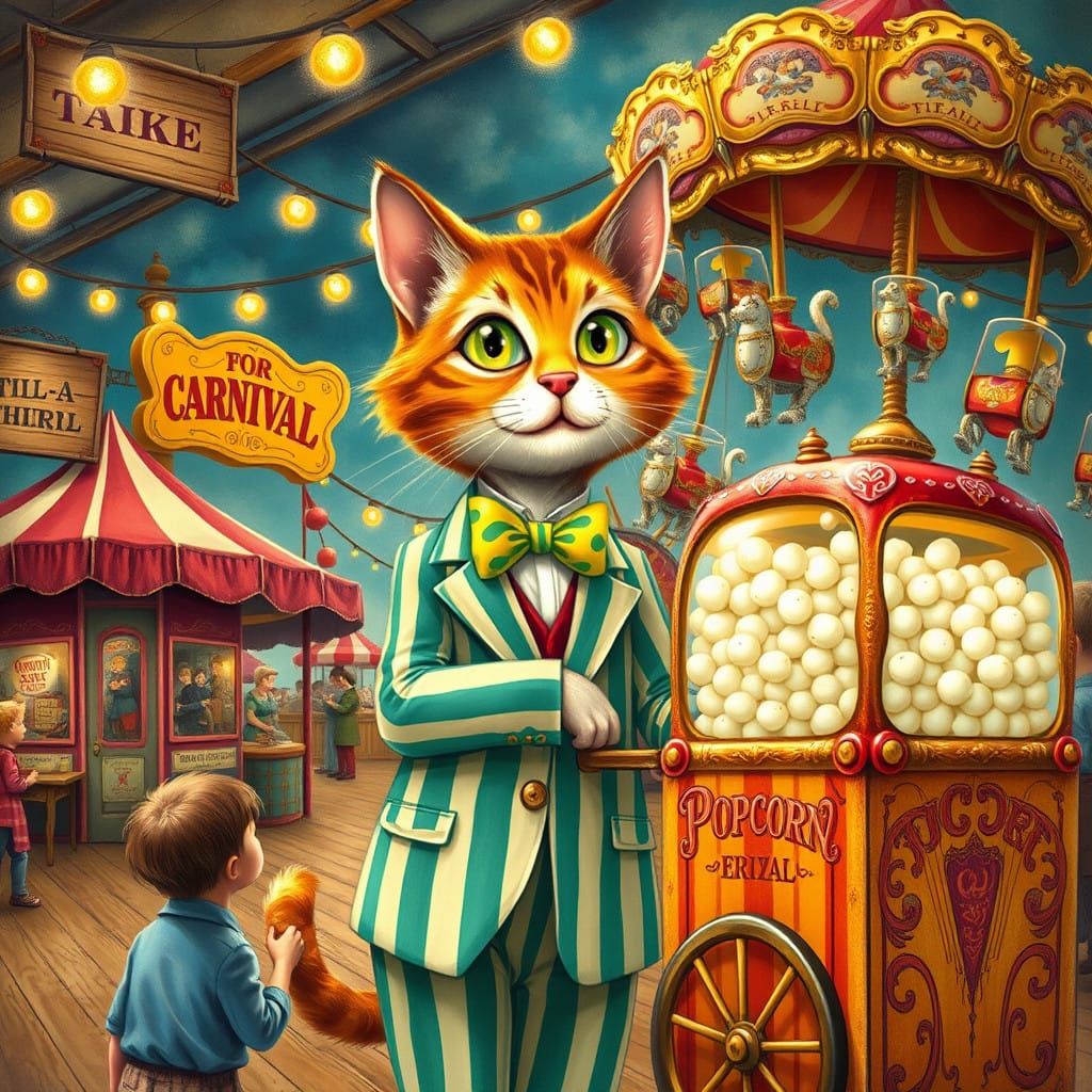 Whimsical Carnival Cat in Striped Suit Operates Ferris Wheel...