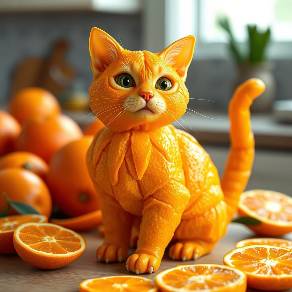 Create a whimsical and surreal digital artwork featuring an anthropomorphic cat made entirely by Cloves of a peeled oran...