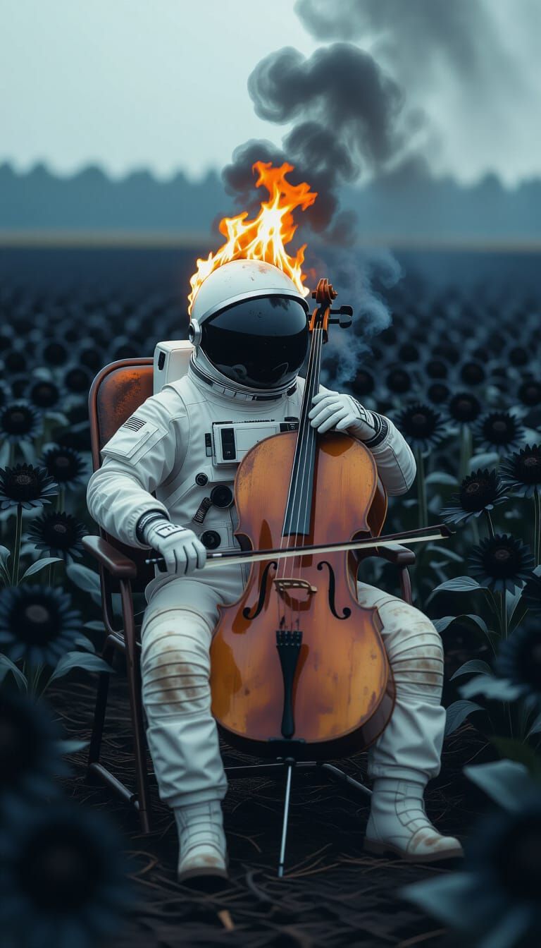 faceless astronaut sitting on the chair in the black flowers...