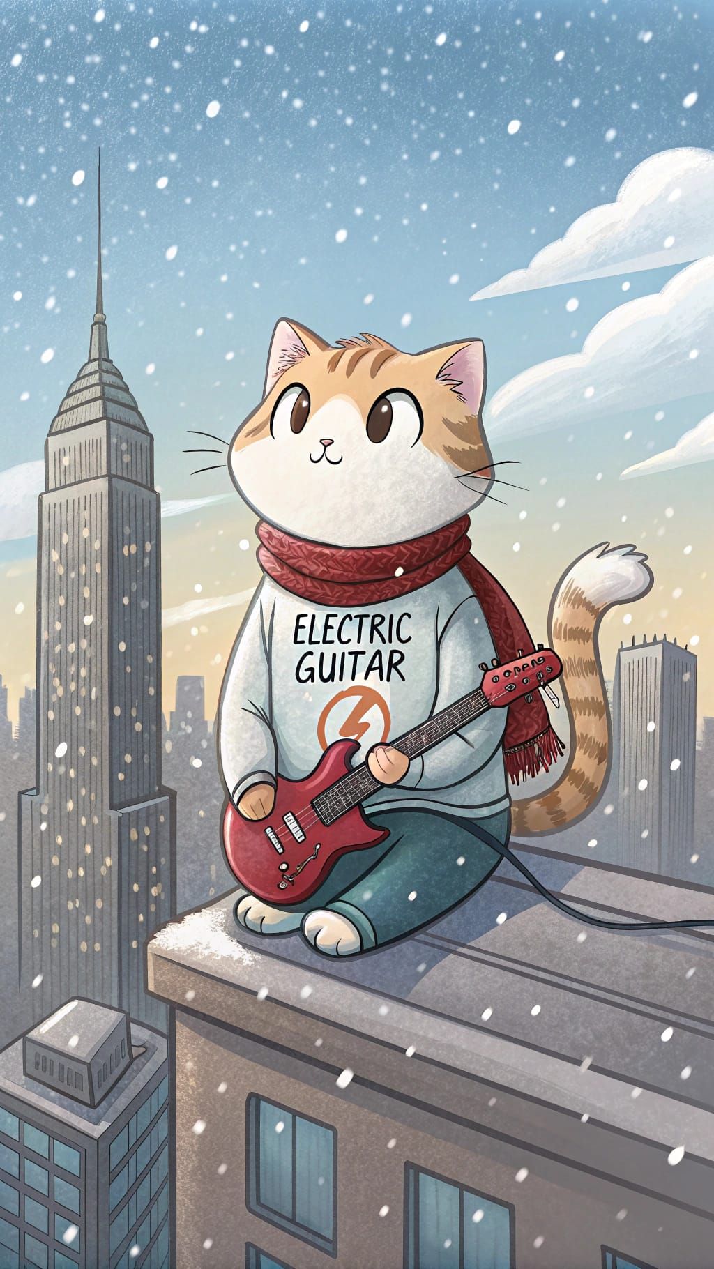 Cat with Guitar on Skyscraper in Snow