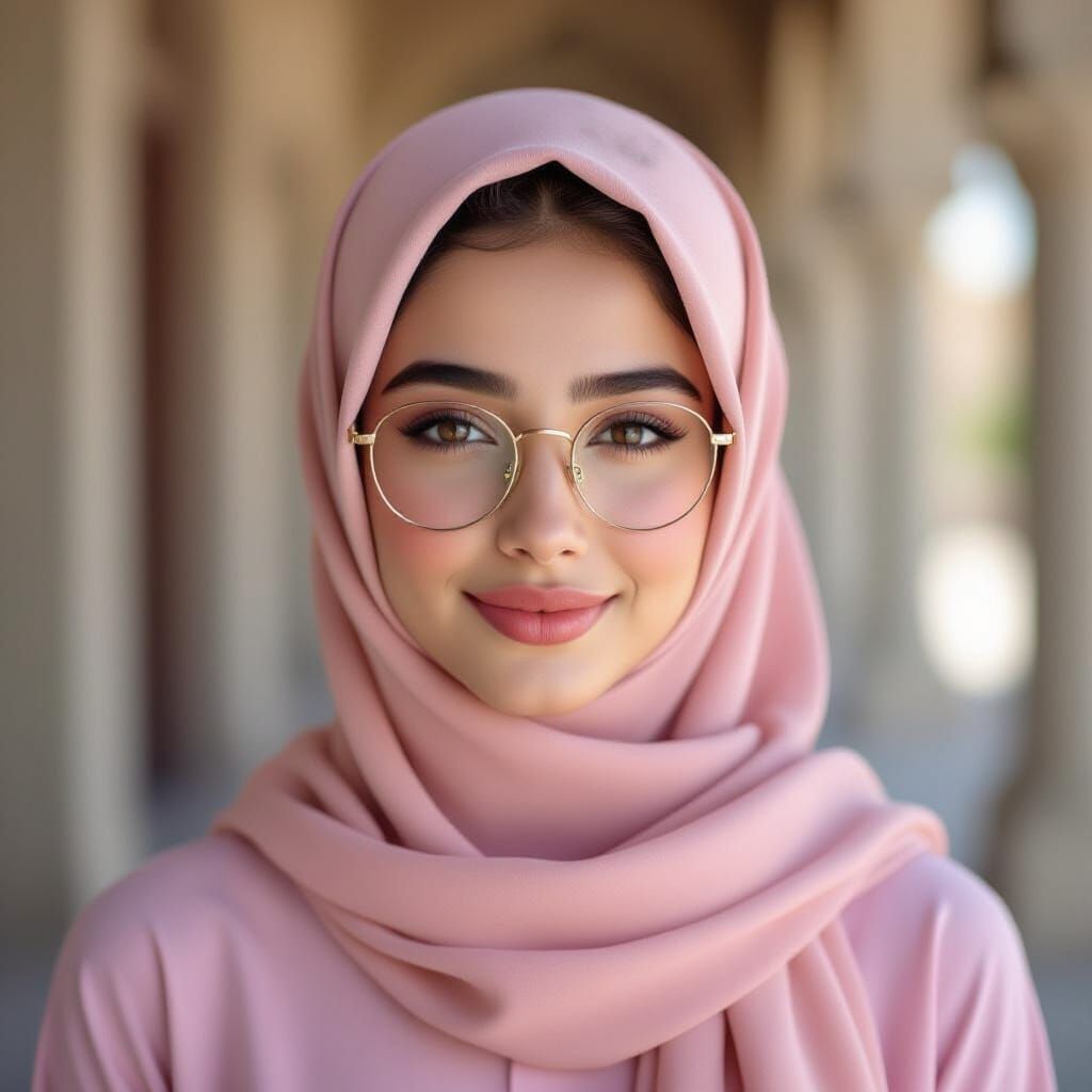 Lovely Middle Eastern Girl in Pink Hijab and Glasses