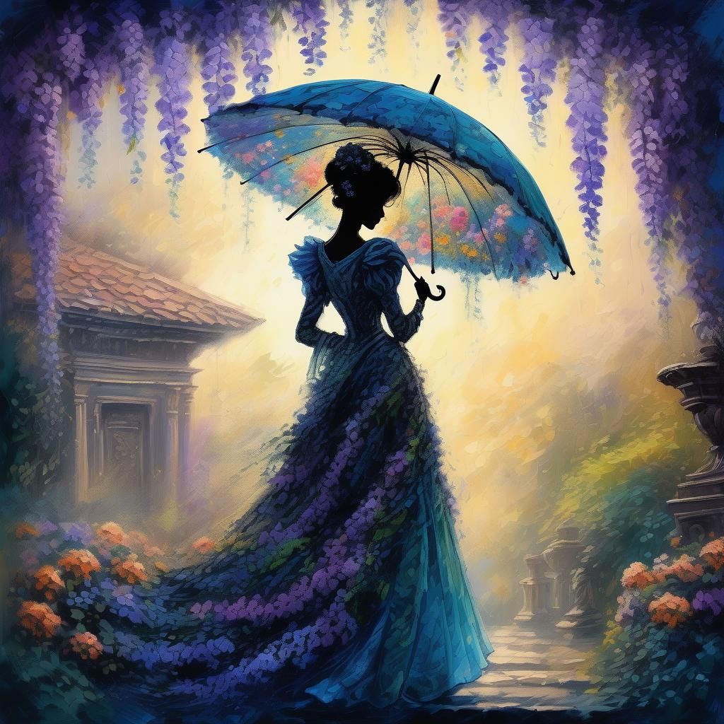 Fantasy Woman with Wisteria Umbrella at Night