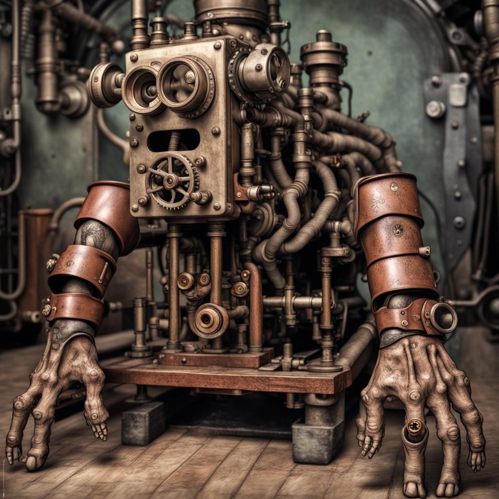 Distorted Steampunk Engine with Visual Artifacts