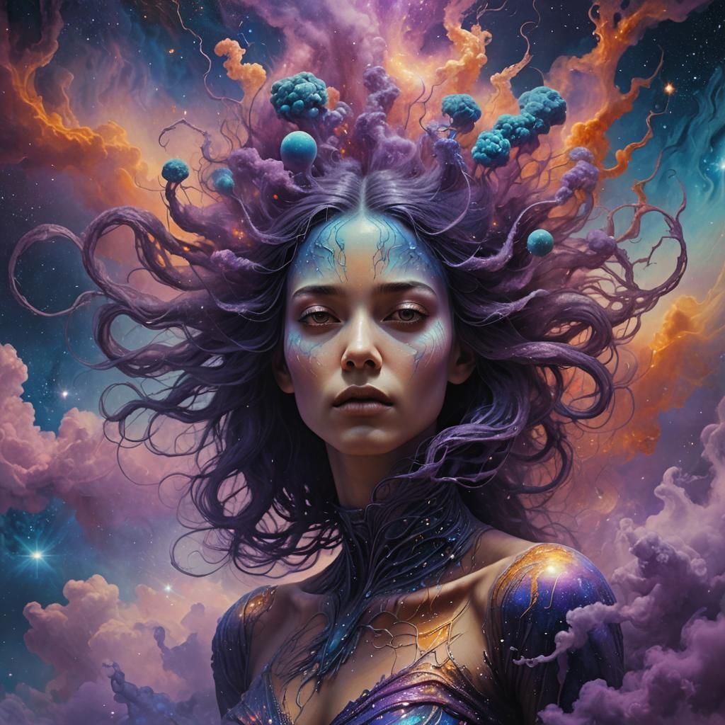 Ethereal Woman Floating in Vibrant Universe