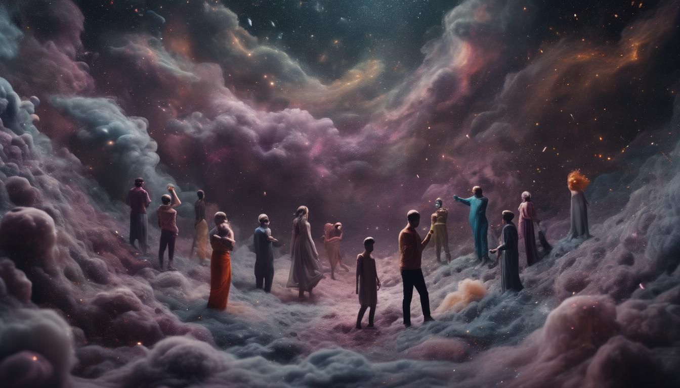 Surreal Galactic Dust Swirl with Floating Figures