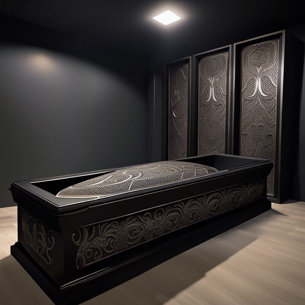 Ornate Coffin in Dark Basement Room