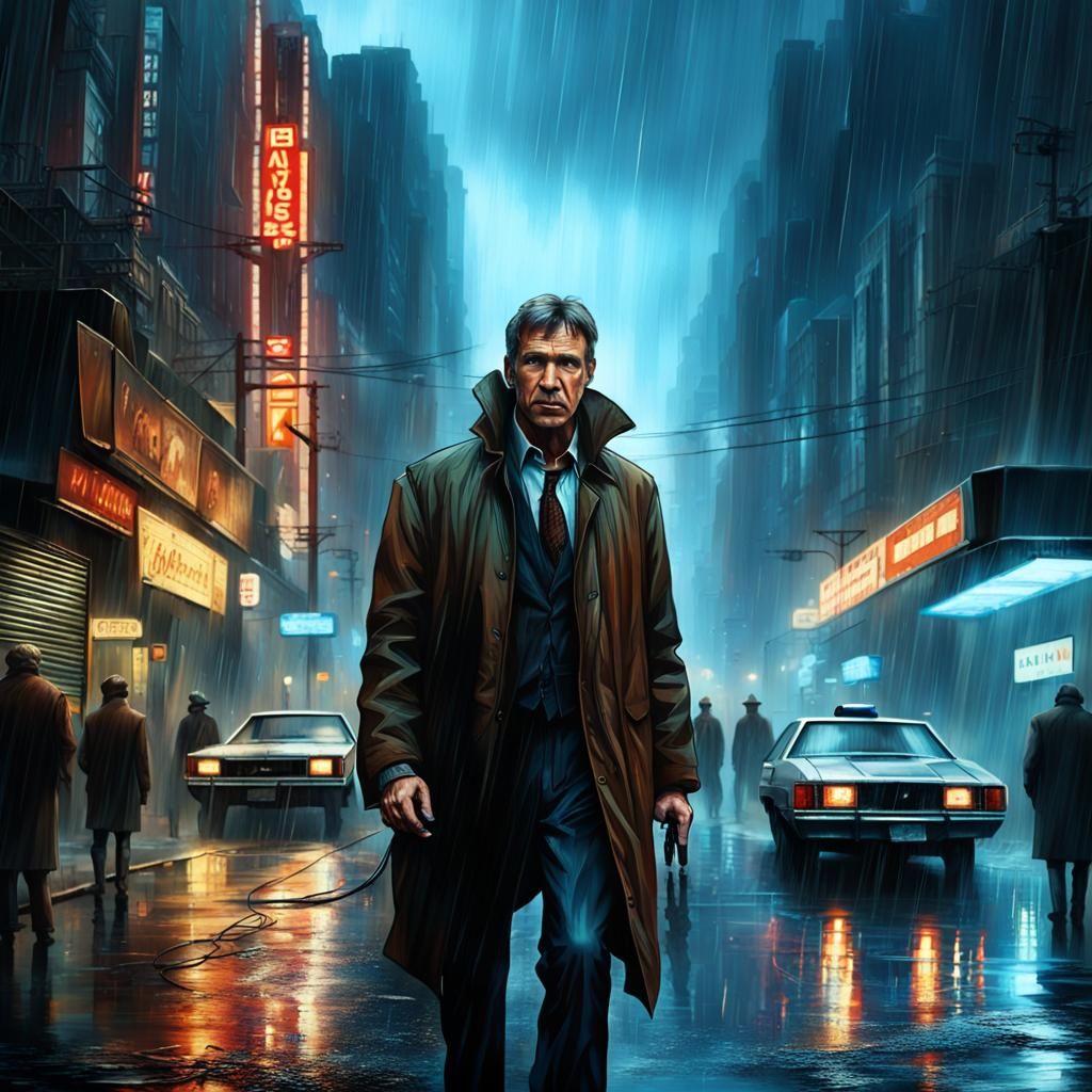 Sad Man in Rainy Cyberpunk Cityscape