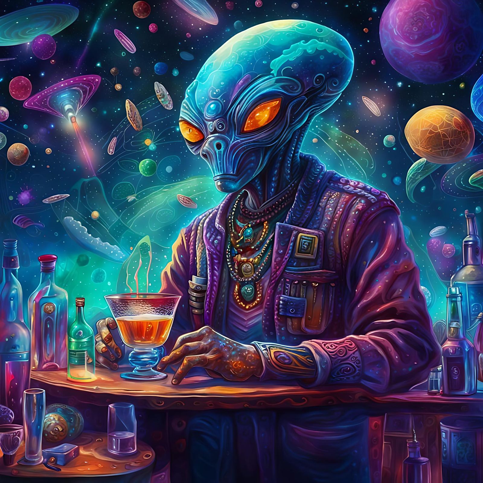Galactic Bartender Serves Aliens: Cosmic Holographic Illustr...