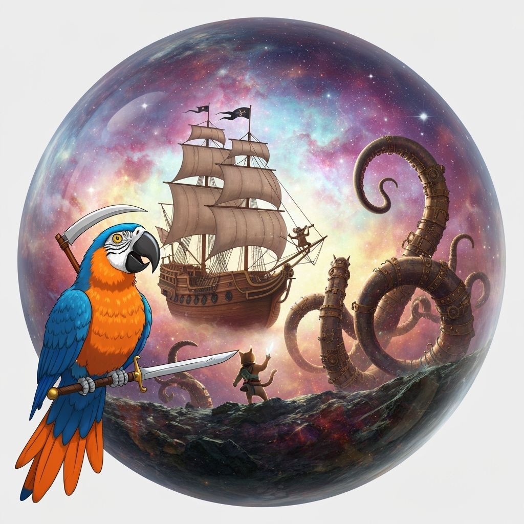 Cat Captain's Pirate Ship Battles Kraken in Nebula