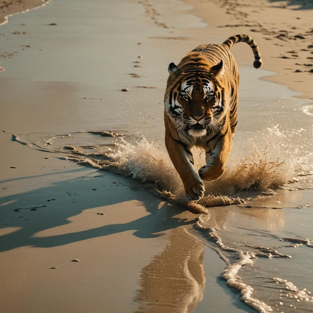 Tiger Running on Beach in Cinematic Style