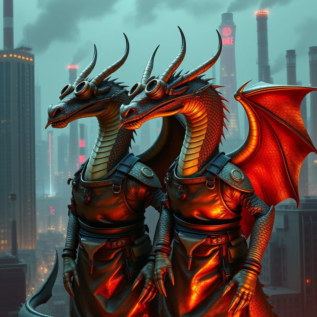 Industrial Dragonborn in Cyberpunk Landscape