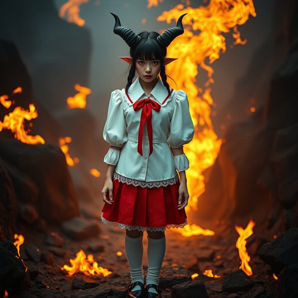 Demon Schoolgirl in Fiery Hellish Landscape