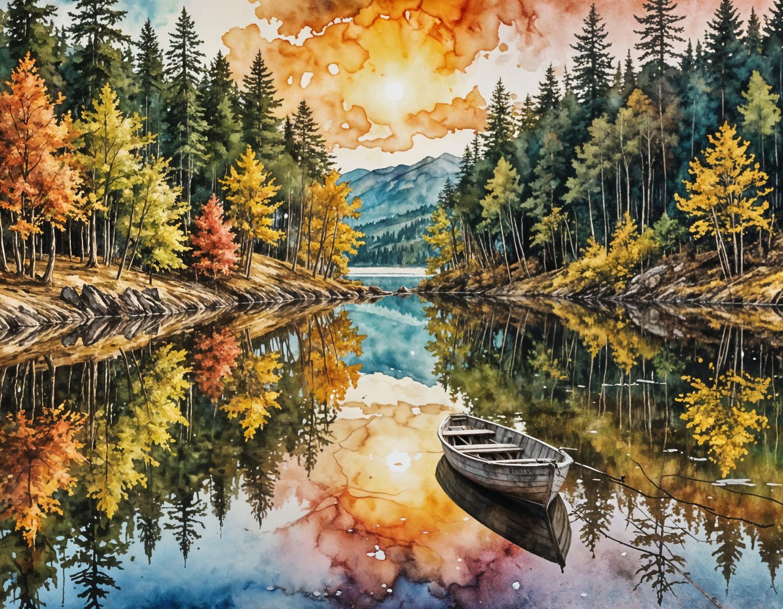 Still Lake Landscape with Boat in Watercolor Style