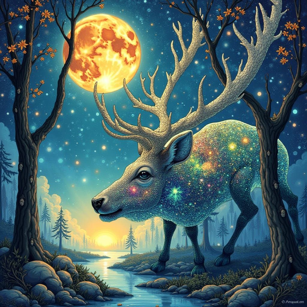 Mystical Galaxy Deer in Art Nouveau Style