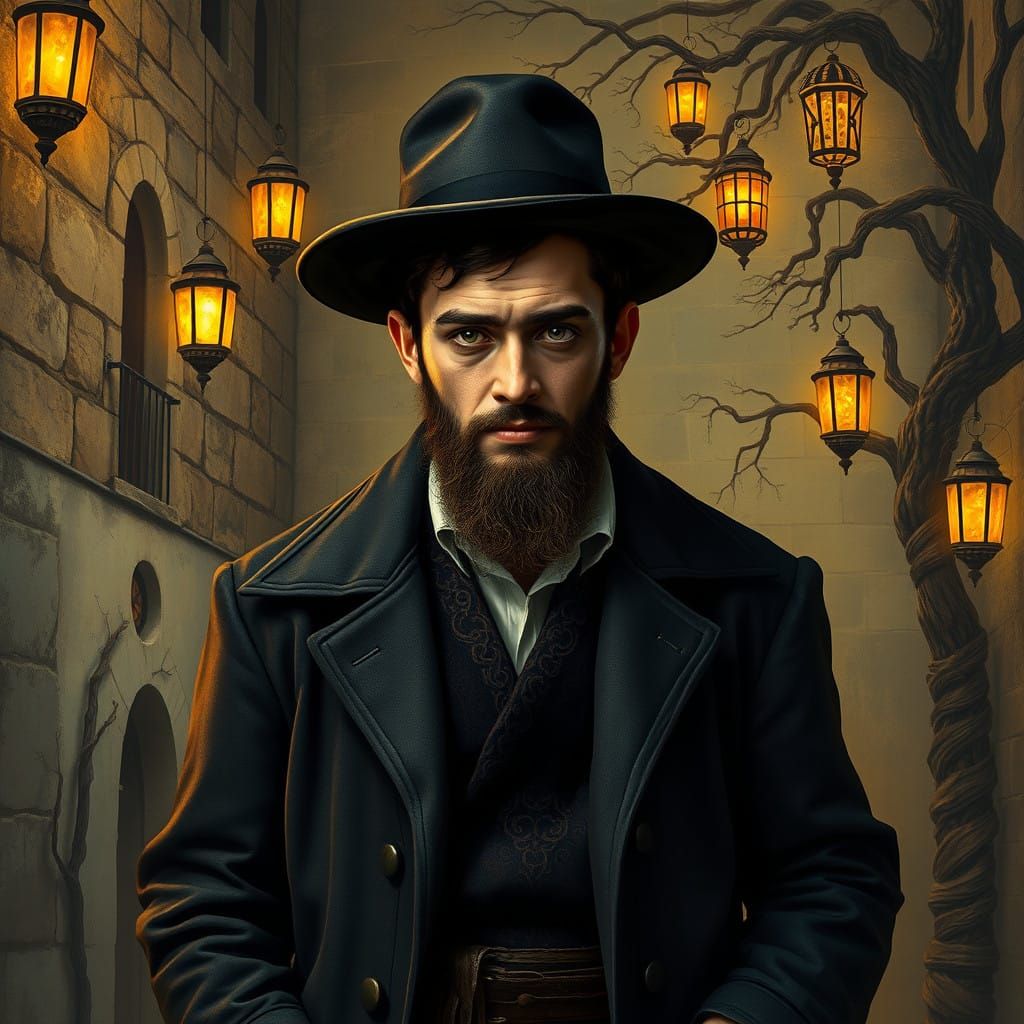 Orthodox Man in Whimsical Jerusalem Landscape