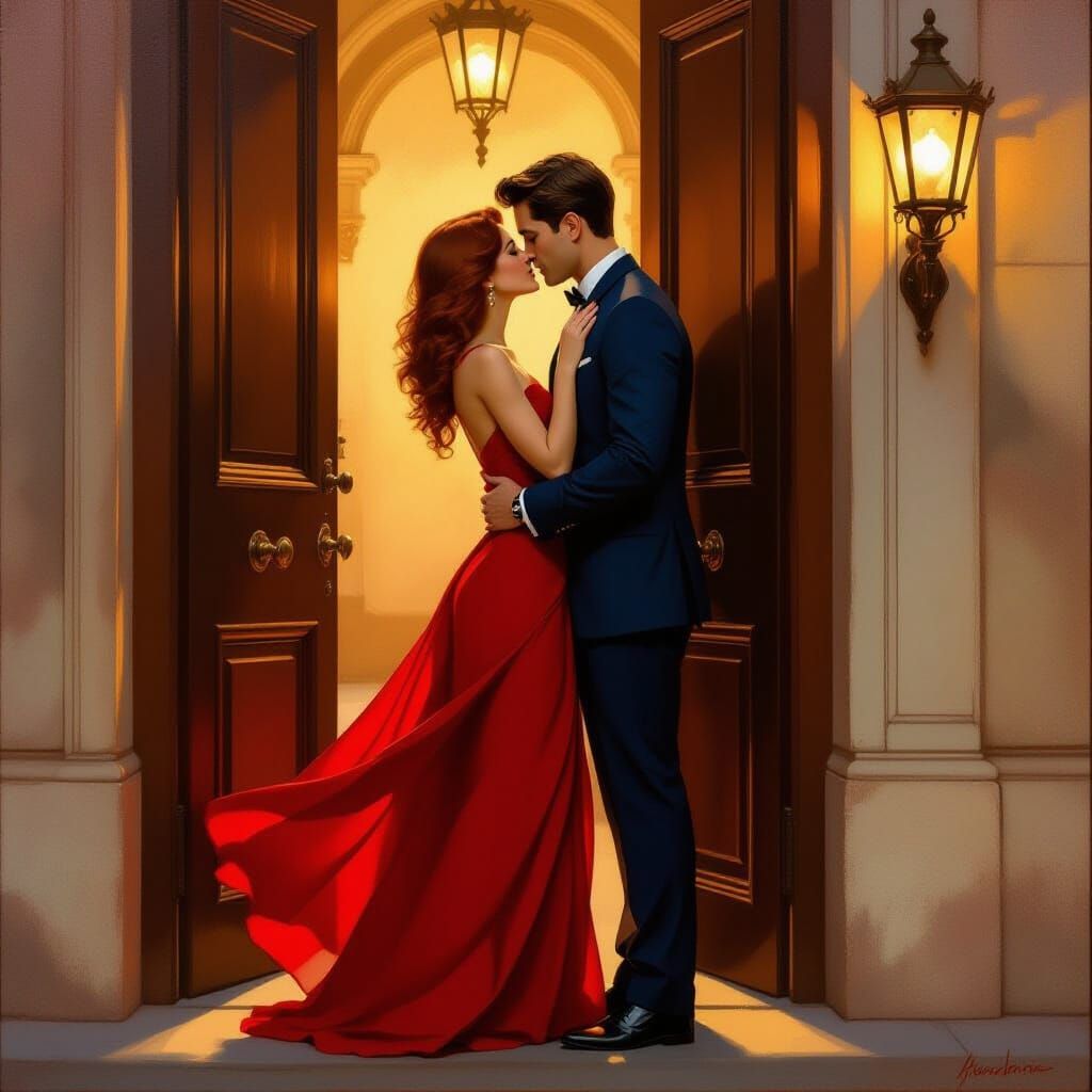 Romantic Farewell: Woman in Red Kisses Man Goodbye