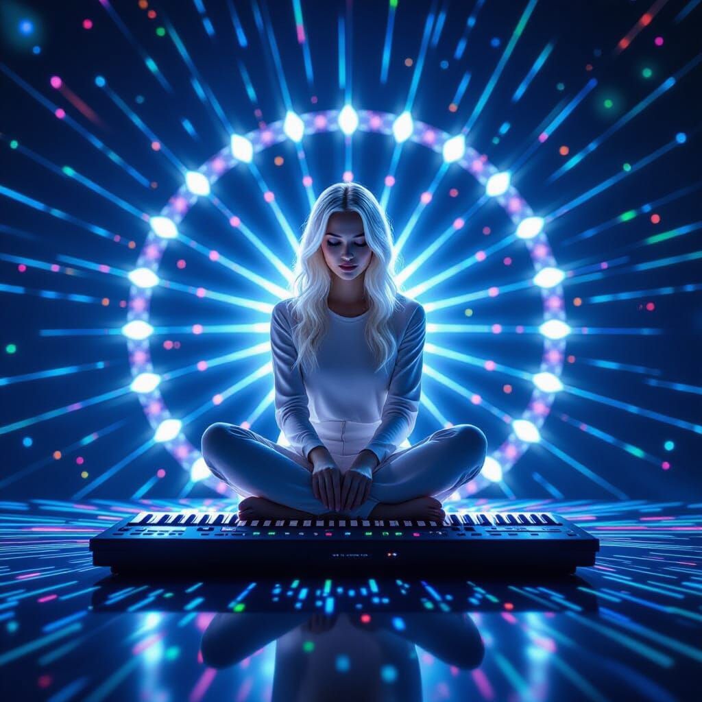 Holographic Albino Woman Keyboardist in Sci-Fi Style