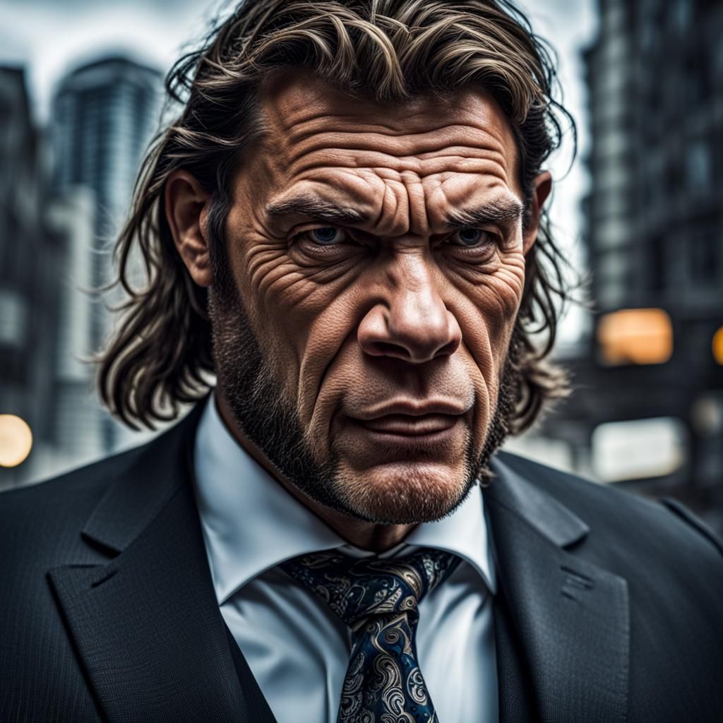 Hyperrealistic Neanderthal Businessman in Cityscape Portrait