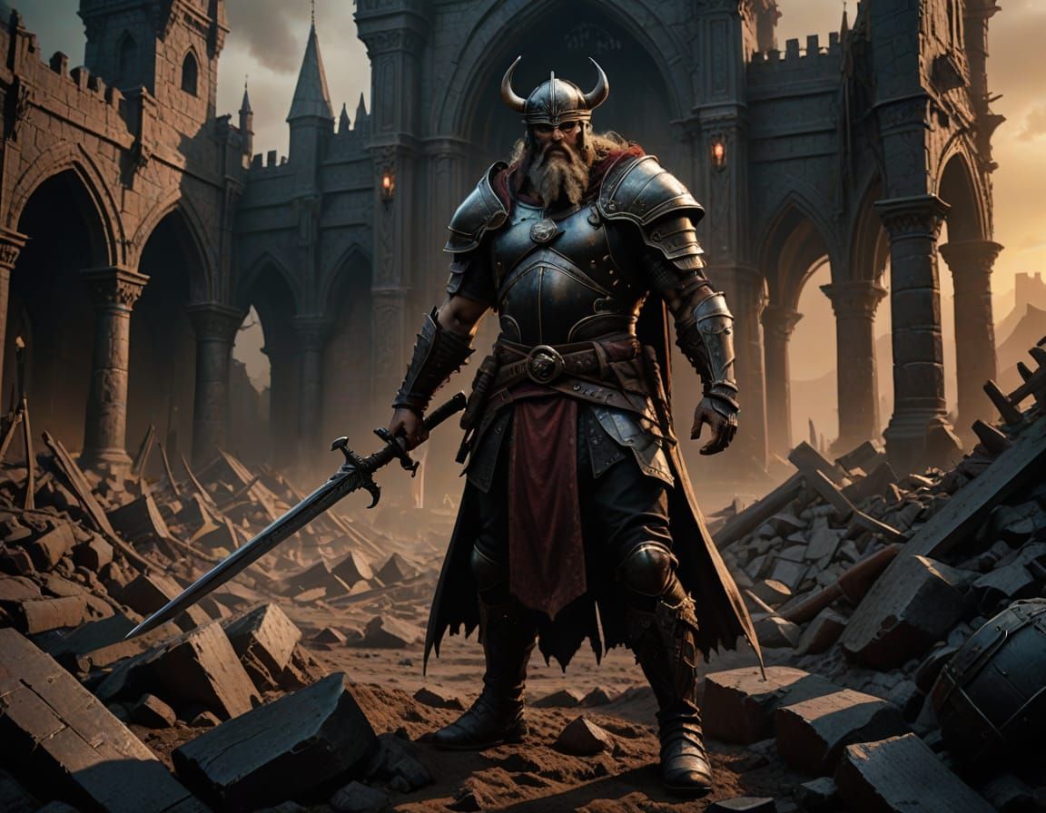 Dark Fantasy Viking Warrior in Dusty Ruins