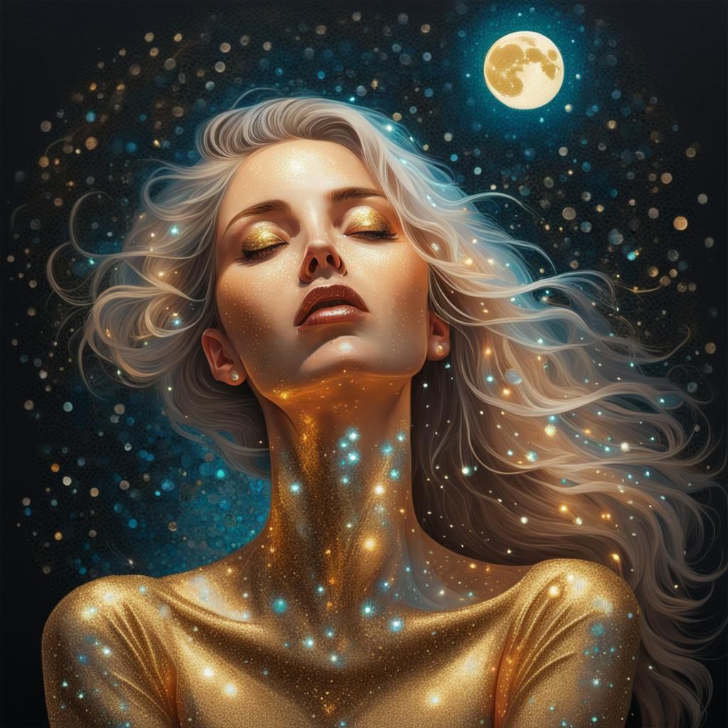 Crystalline Woman in Bioluminescent Golden Dreamscape
