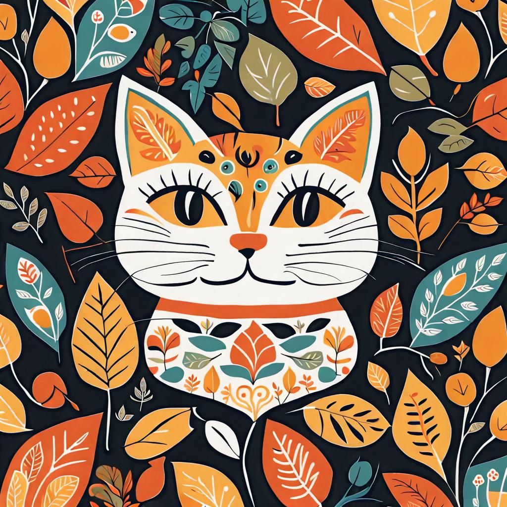 Bohemian Cat in Scandinavian Folk Art Style
