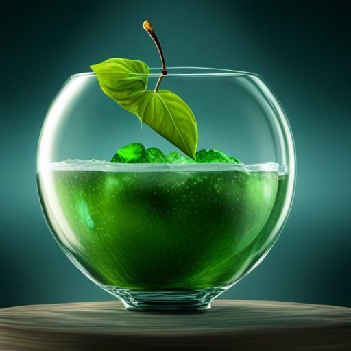 Emerald Apple in Crystal Bowl: Hyperrealistic 3D Art