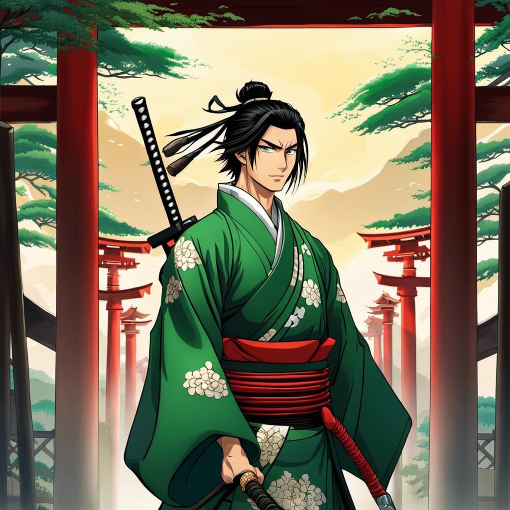 Anime Samurai Portrait Before Torii Gate