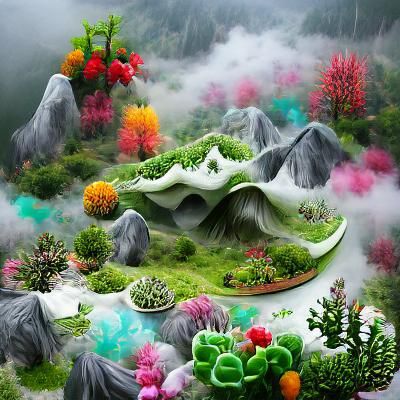 Fantastical Garden in Misty Mountains