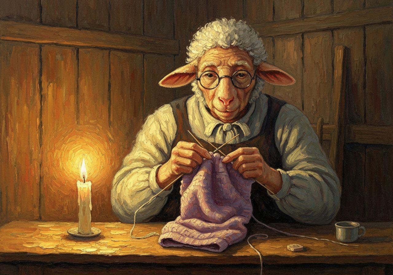Grandma Sheep Knitting in Barn, Impasto Oil Painting