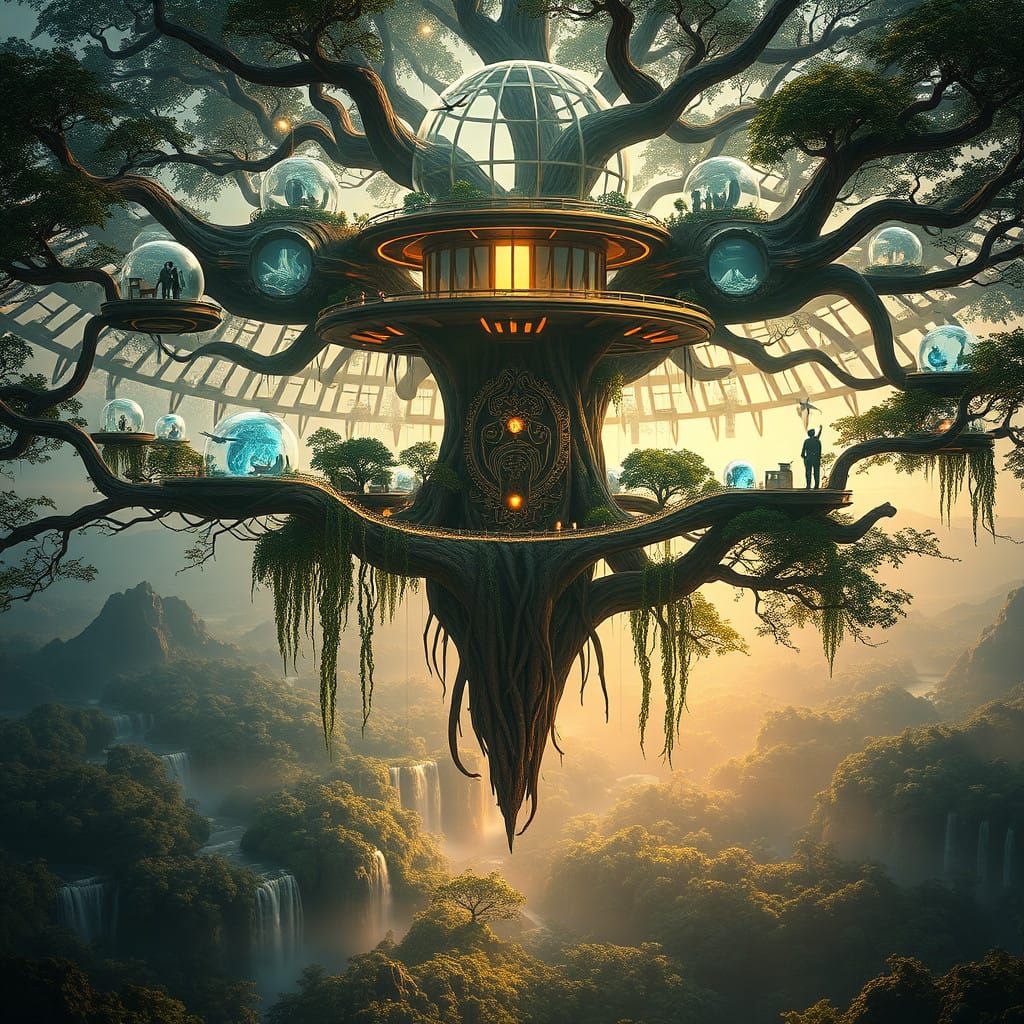 Floating Forest Fortress in Serene Balance of Nature and Tec...