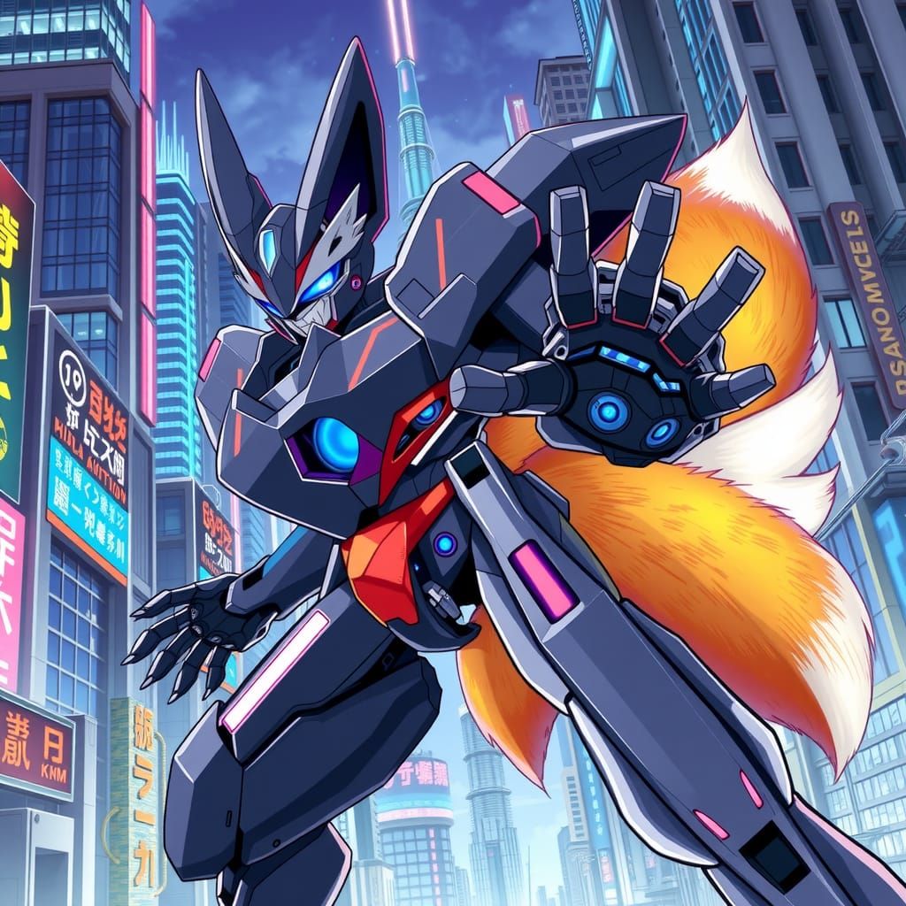 Heroic Mecha-Fox in Futuristic Anime Style