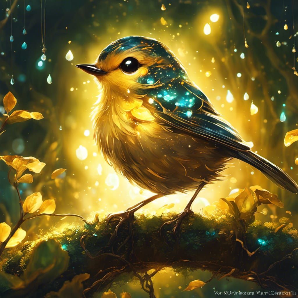 Golden Chibi Bird in Enchanted Garden