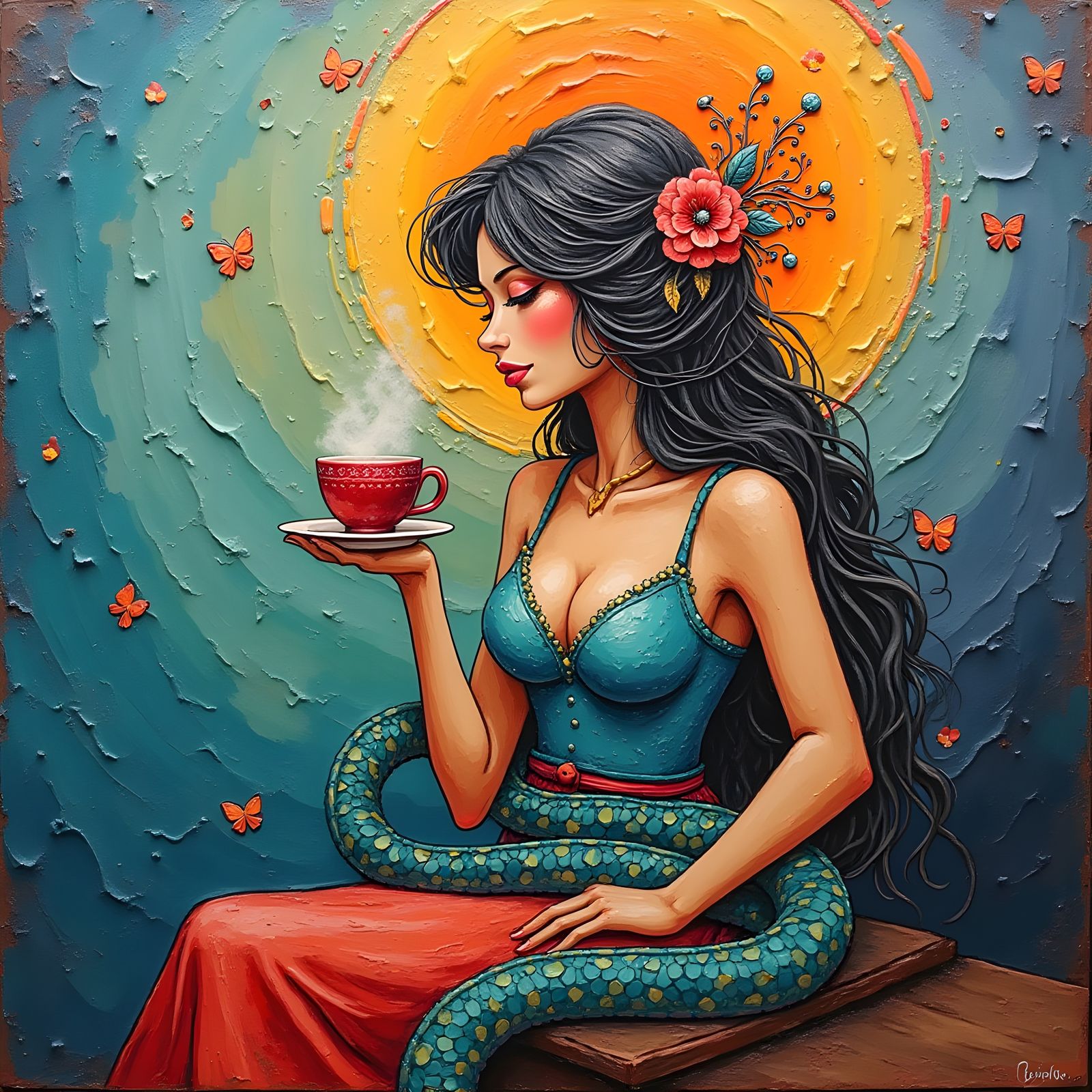 Neo-Impressionist Snake Woman Drinking Tea