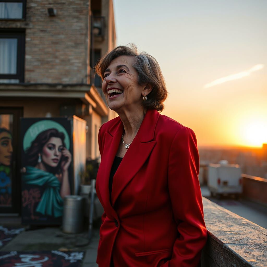 Joyful Elderly Woman in Red Suit at Sunset