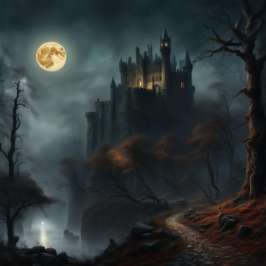 Eerie Castle Under Full Moon in 19th Century Style