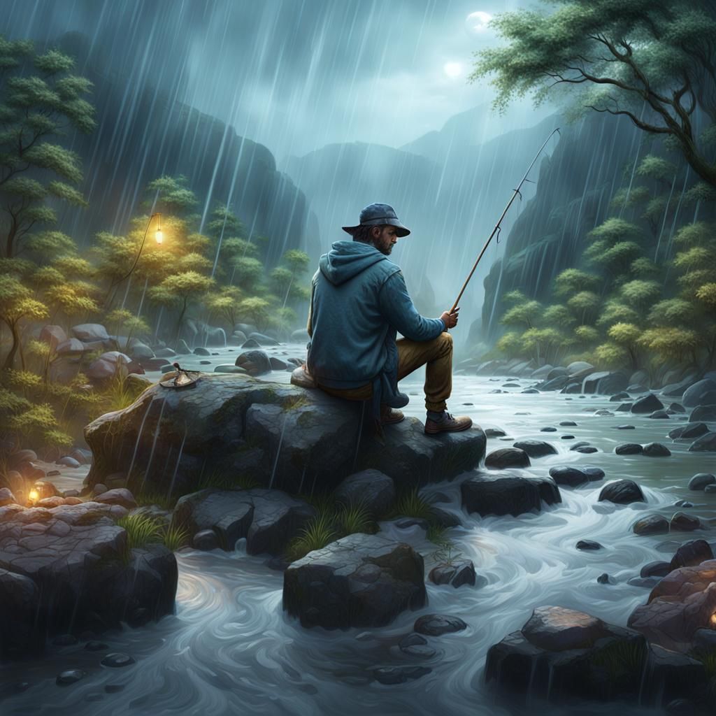 Man Fishing in Rainy Nature: 3D Art