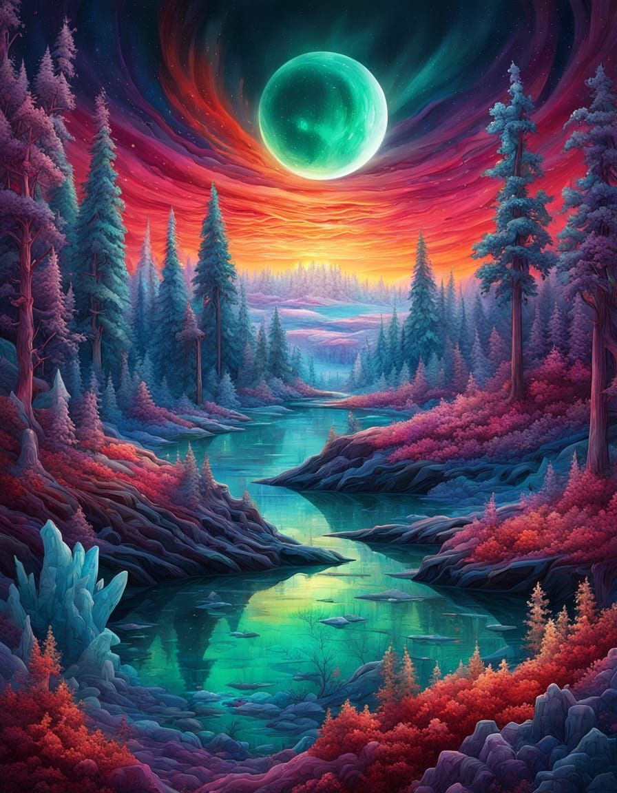 Ethereal Crystalline Forest Under Celestial Eclipse