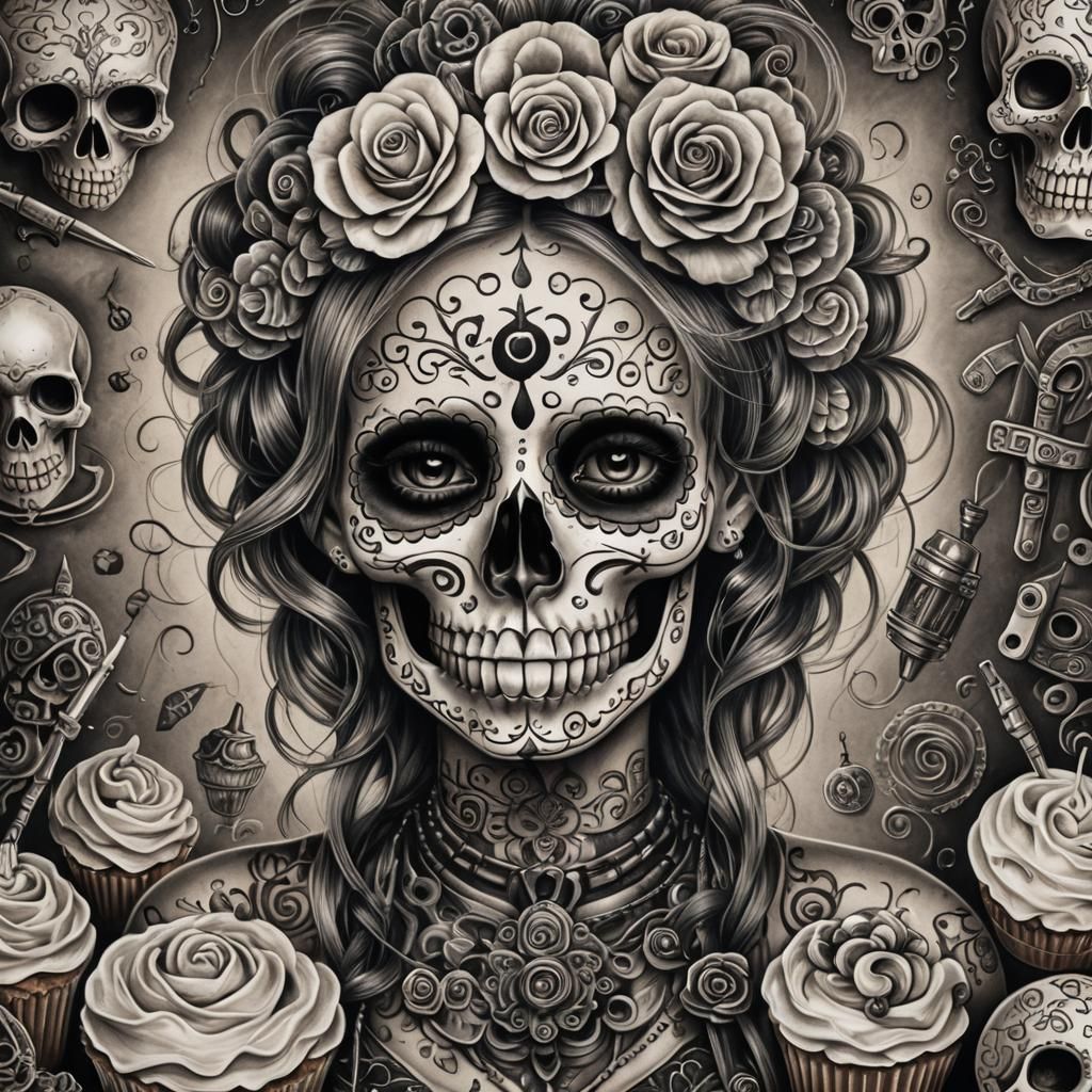 Sugar Skull Tattoo Art in Charcoal Style