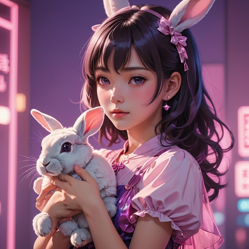 Anime Portrait of Woman with Rabbit in Neon Lighting