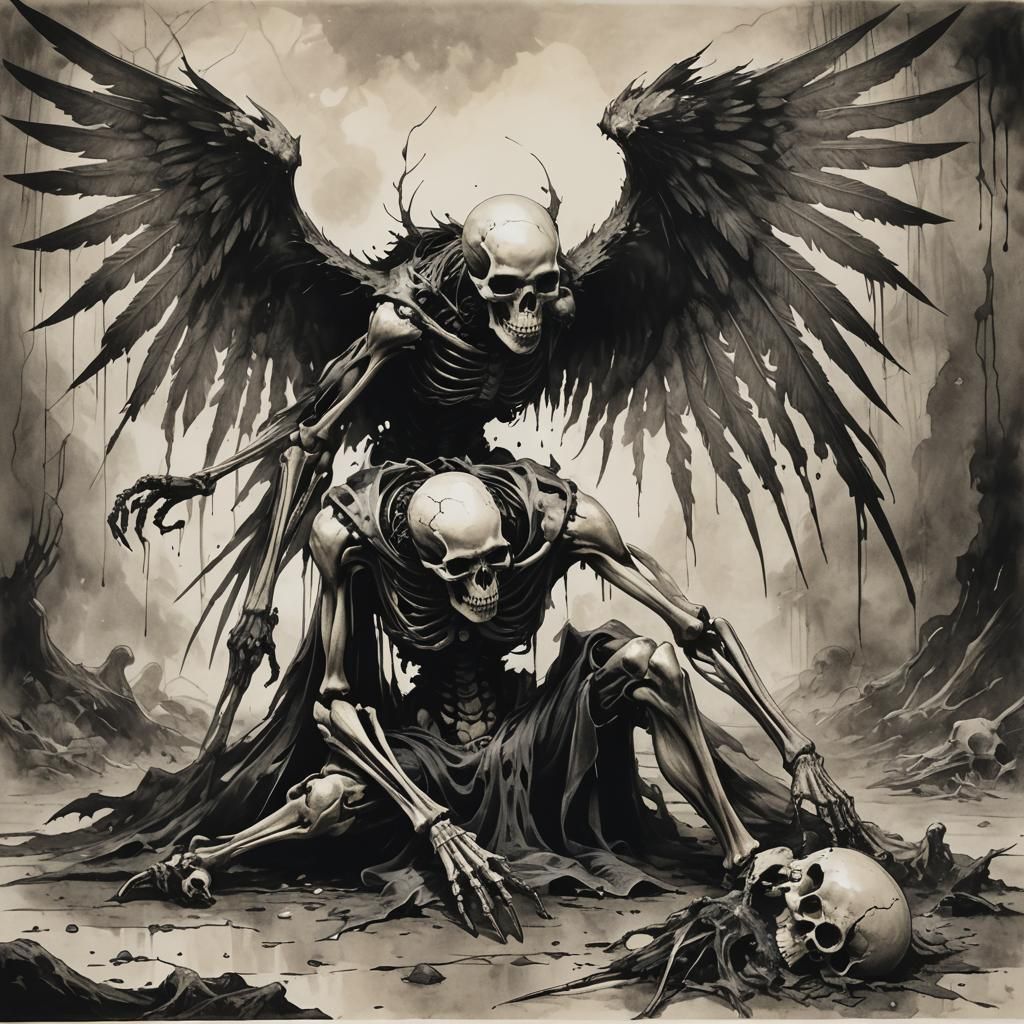 Monochromatic Ink Wash of Winged Skeletal Creature