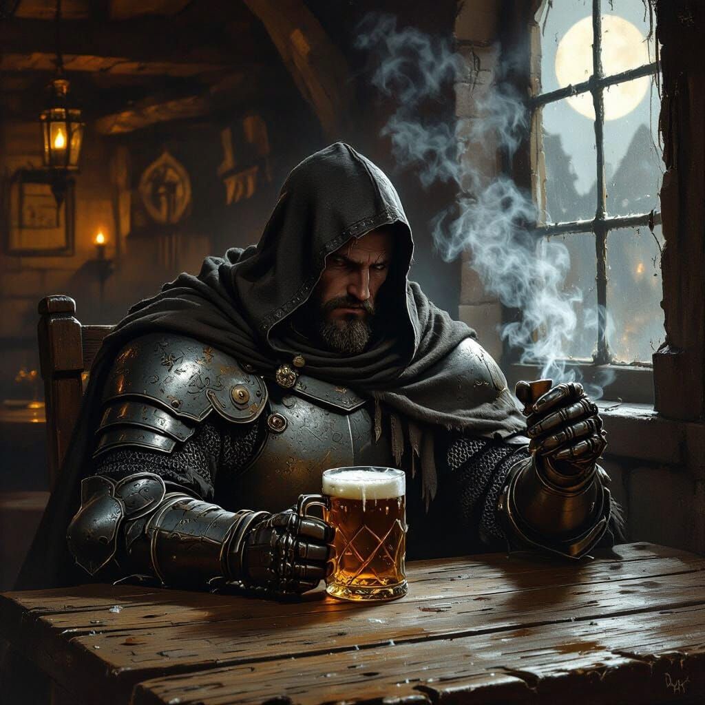 Knight in Dim Tavern, Gritty Realism Style
