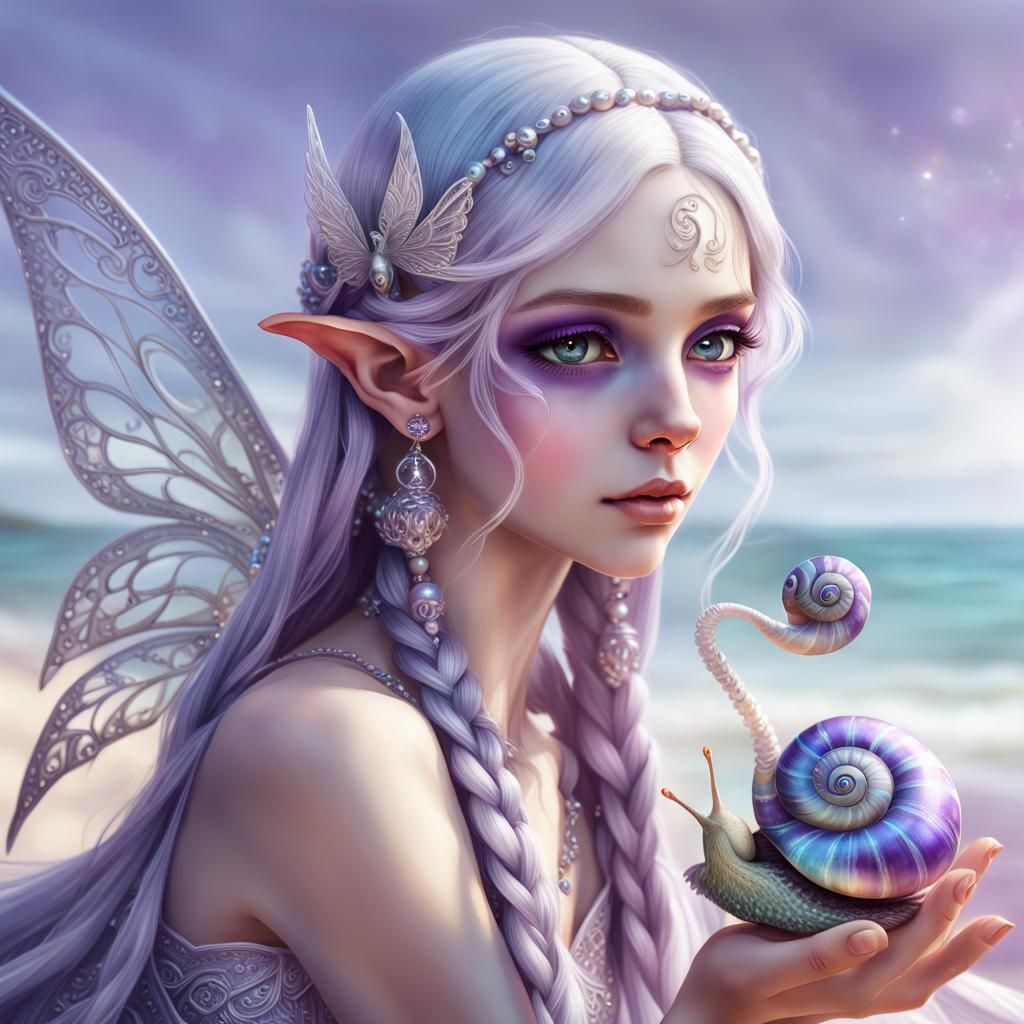 Elf Girl with Filigree Wings on Lilac Beach