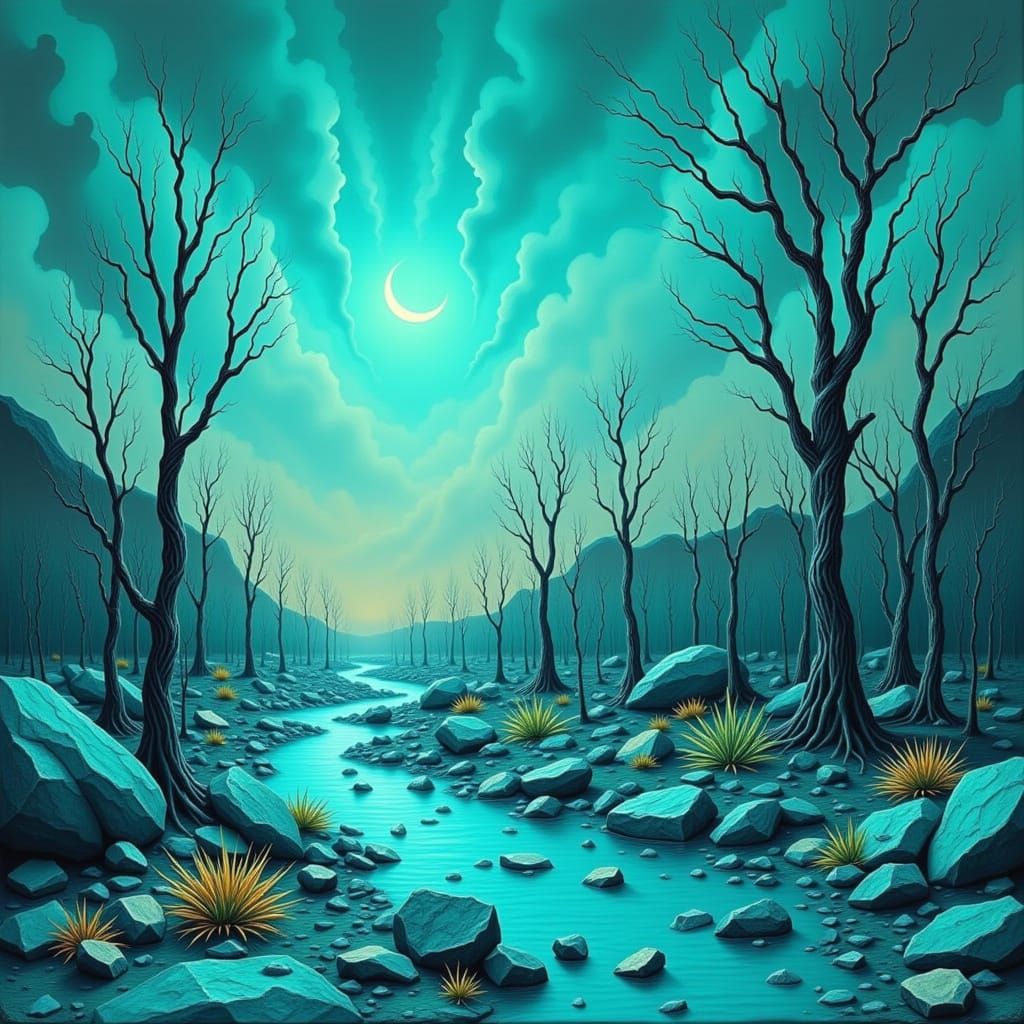 Surreal Turquoise Landscape in Heavy Metal Style