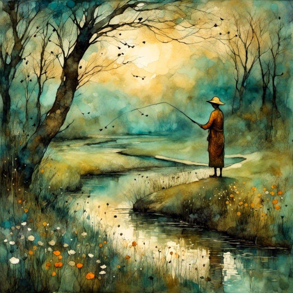 Boy Fishing by River in Liquid Ink Style