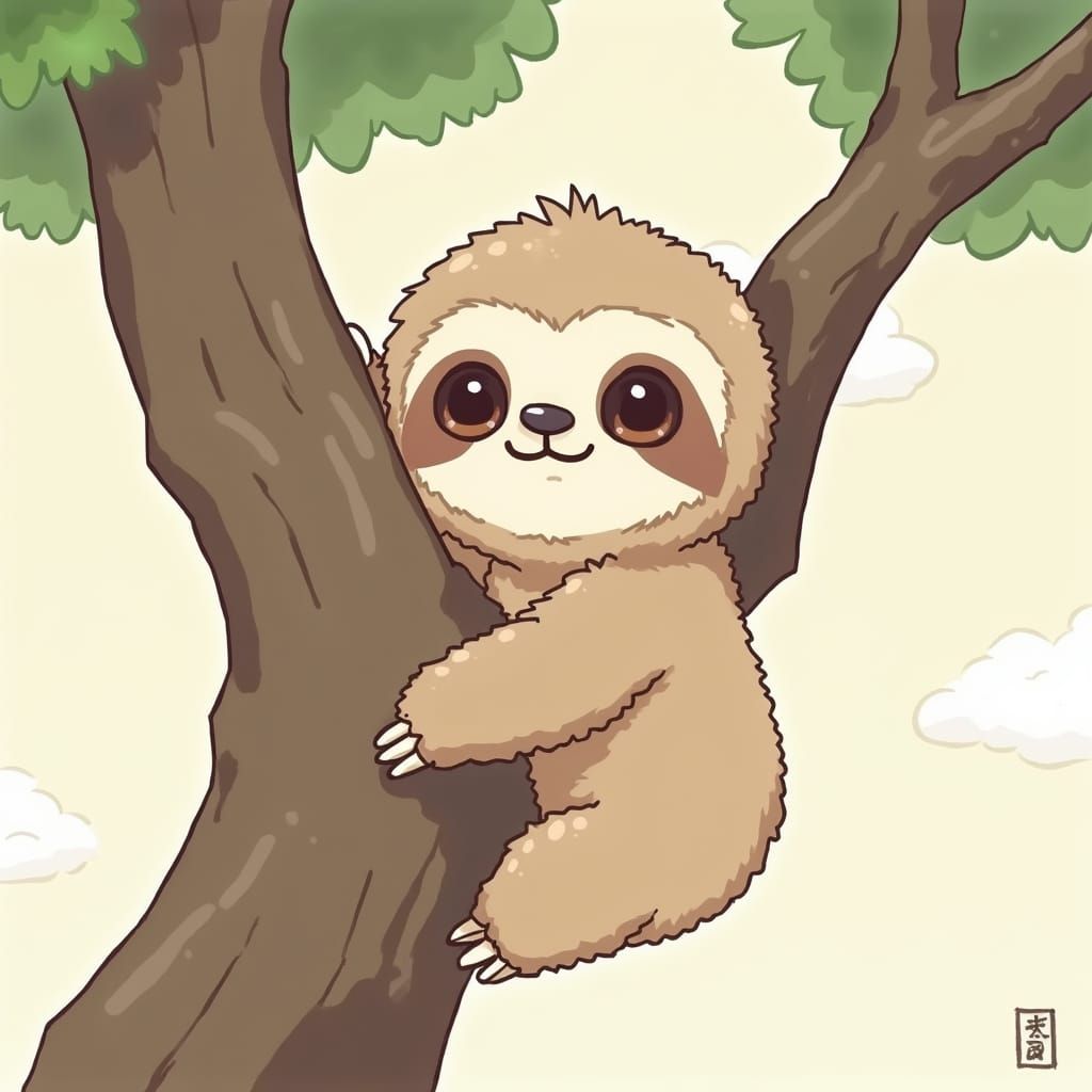 Cute Cartoon Baby Sloth Hanging from Tree Trunk