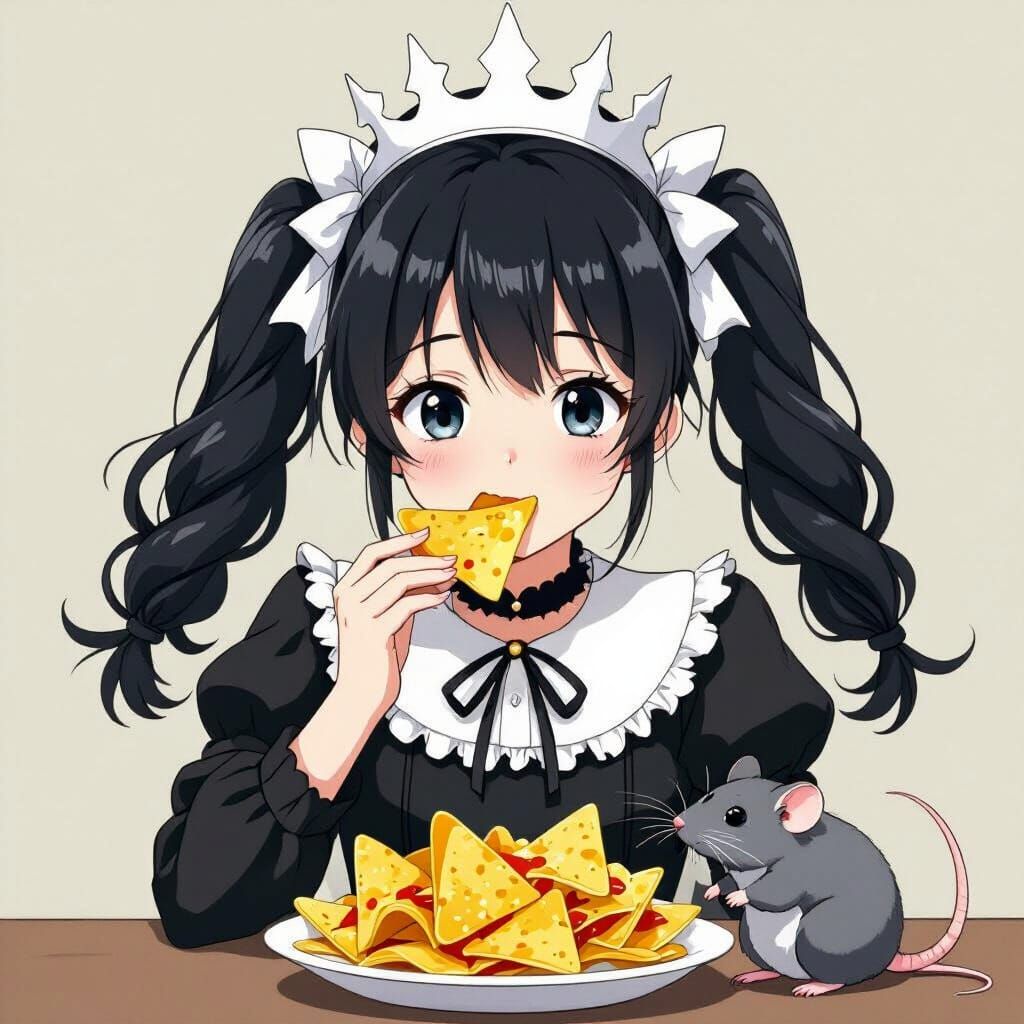 Anime Girl in Gothic Lolita Dress Eats Nachos with Rat
